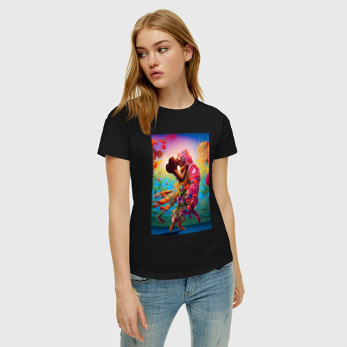 Женская футболка хлопок с принтом Иллюзия поцелуя - нейросеть - art, фото на моделе #1