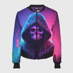 Женский бомбер 3D Неоновый череп в капюшоне