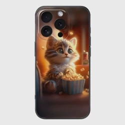 Чехол для iPhone 16 Pro силиконовый с защитой камеры Котик с попкорном