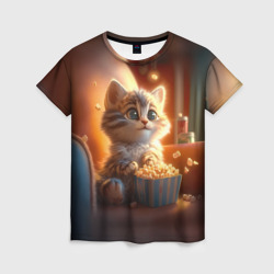Женская футболка 3D Котик с попкорном