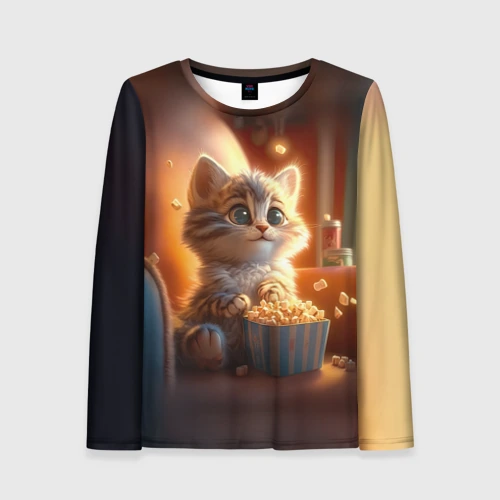 Женский лонгслив 3D Котик с попкорном