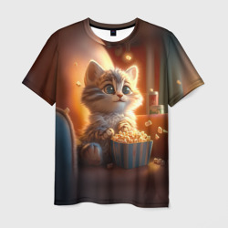 Мужская футболка 3D Котик с попкорном