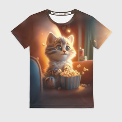 Женская футболка 3D Котик с попкорном