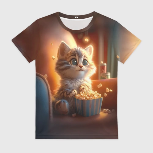 Женская футболка 3D с принтом Котик с попкорном, вид спереди #2