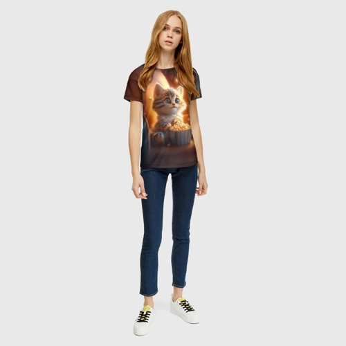 Женская футболка 3D с принтом Котик с попкорном, вид сбоку #3