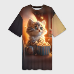Котик с попкорном – Платье-футболка 3D с принтом купить