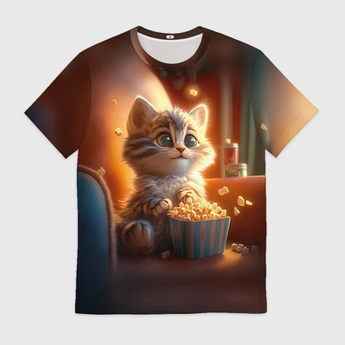 Мужская футболка 3D Котик с попкорном