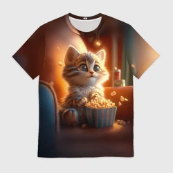 Мужская футболка 3D Котик с попкорном