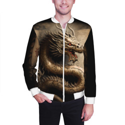 Бомбер с принтом Китайский дракон с открытой пастью для мужчины, вид на модели спереди №2. Цвет основы: белый