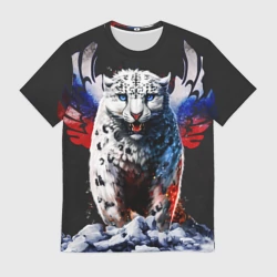 Мужская футболка 3D Снежный барс и крылья орла в цветах триколора