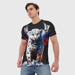Мужская футболка 3D Снежный барс и крылья орла в цветах триколора - фото 2