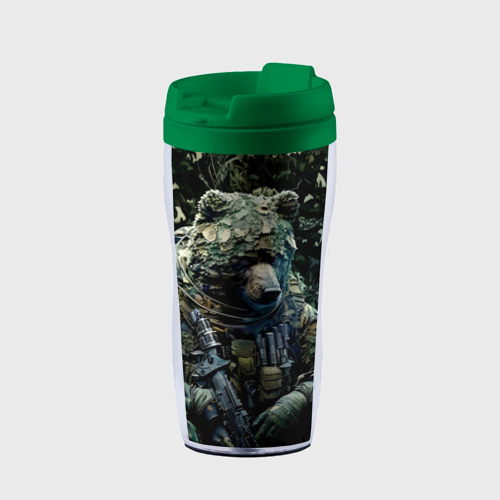 Термокружка-непроливайка Медведь снайпер в камуфляже, цвет зеленый
