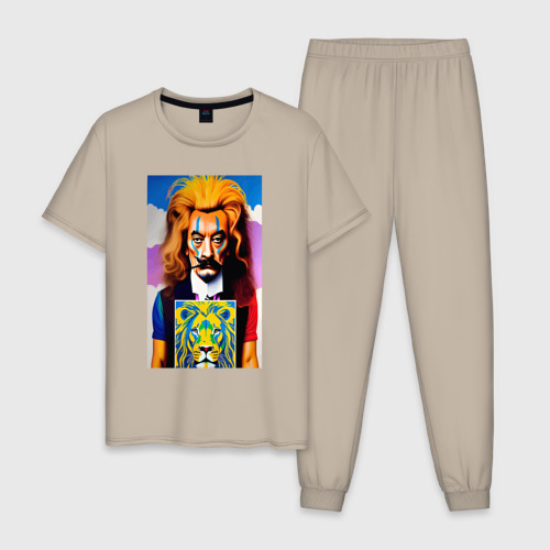 Мужская пижама хлопок Сальвадор Дали в образе льва - нейросеть, цвет миндальный