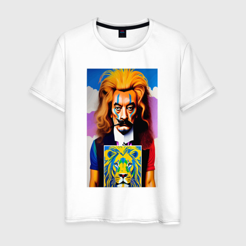Мужская футболка из хлопка с принтом Сальвадор Дали в образе льва - нейросеть, вид спереди №1