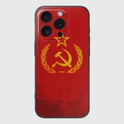 Чехол для iPhone 16 Pro силиконовый с защитой камеры СССР серп и молот красный фон