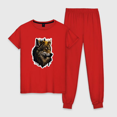 Женская пижама хлопок с принтом Волк-царь в короне, вид спереди #2