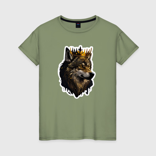 Женская футболка хлопок с принтом Волк-царь в короне, вид спереди #2