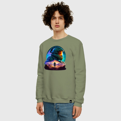 Мужской свитшот хлопок Киборг и космический пейзаж, цвет авокадо - фото 3