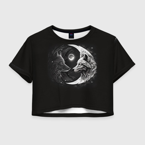 Женская футболка Crop-top 3D Волки инь-янь луна, цвет 3D печать