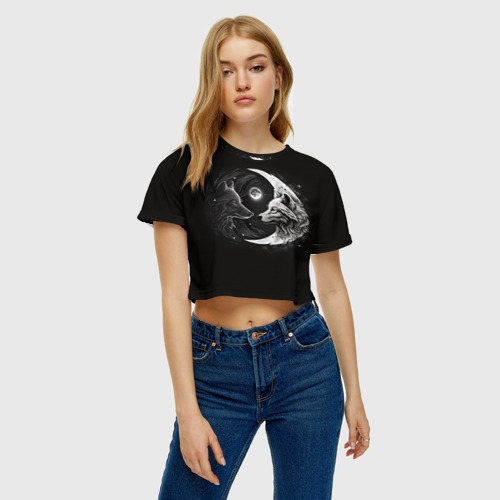 Женская футболка Crop-top 3D Волки инь-янь луна, цвет 3D печать - фото 3