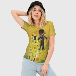 Женская футболка 3D Slim Пародия Густав Климт: Поцелуй кота - фото 2