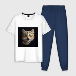 Мужская пижама с белой футболкой хлопок Удивленный кот, шок