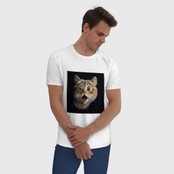 Мужская пижама с белой футболкой хлопок Удивленный кот, шок - фото 2