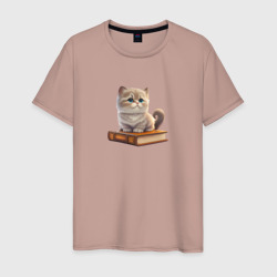 Милый кот на книге – Мужская футболка хлопок с принтом купить со скидкой в -20%