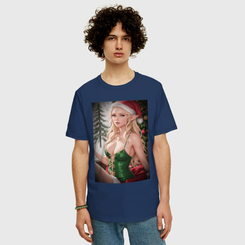 Мужская футболка хлопок Oversize с принтом Новогодняя эльфийка, фото на моделе #1