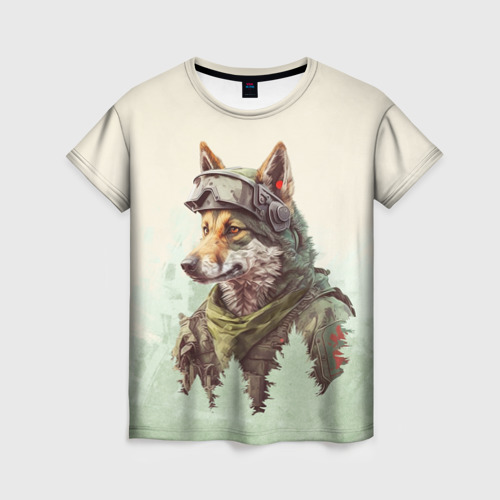 Женская футболка 3D с принтом Волк в милитари форме, вид спереди #2