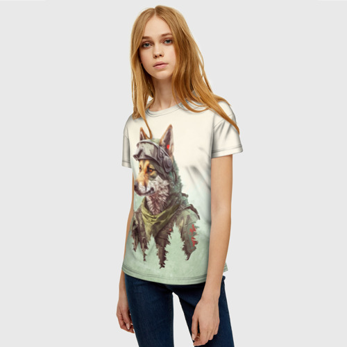 Женская футболка 3D с принтом Волк в милитари форме, фото на моделе #1