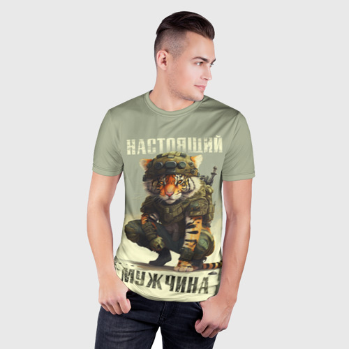 Мужская футболка 3D Slim с принтом Настоящий мужчина тигр, фото на моделе #1