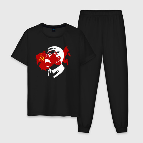 Мужская пижама хлопок Сталин на фоне СССР, цвет черный