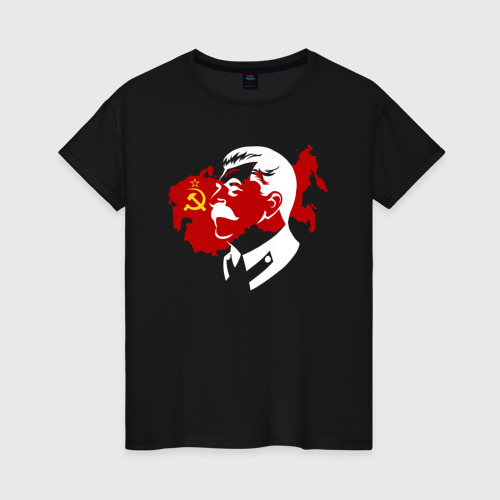 Женская футболка хлопок Сталин на фоне СССР, цвет черный