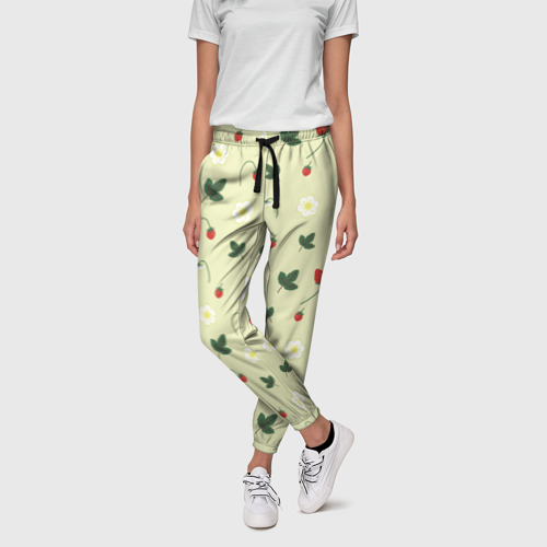 Женские брюки 3D с принтом Узор из веточек и листиков земляники, фото на моделе #1