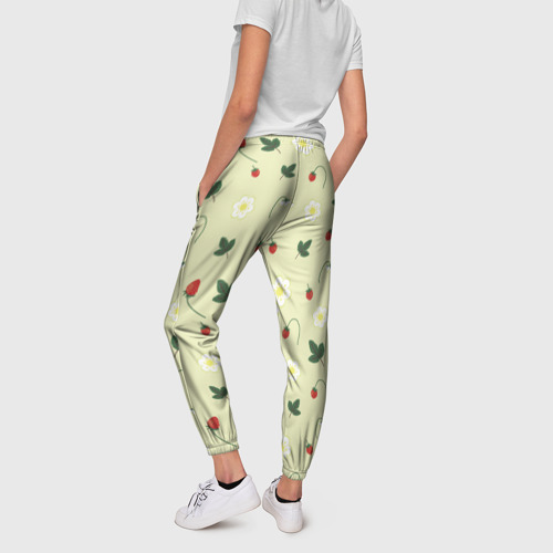 Женские брюки 3D с принтом Узор из веточек и листиков земляники, вид сзади #2