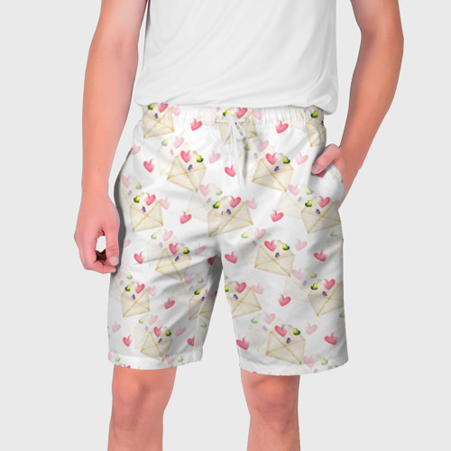 Мужские шорты 3D с принтом Конверты с сердечками - паттерн, вид спереди #2