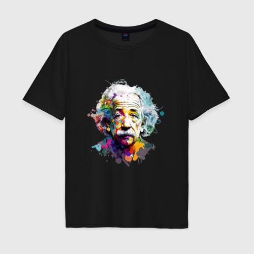 Мужская футболка хлопок Oversize с принтом Альберт Эйнштейн в ярких цветах, вид спереди #2