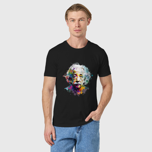 Мужская футболка хлопок с принтом Альберт Эйнштейн в ярких цветах, фото на моделе #1