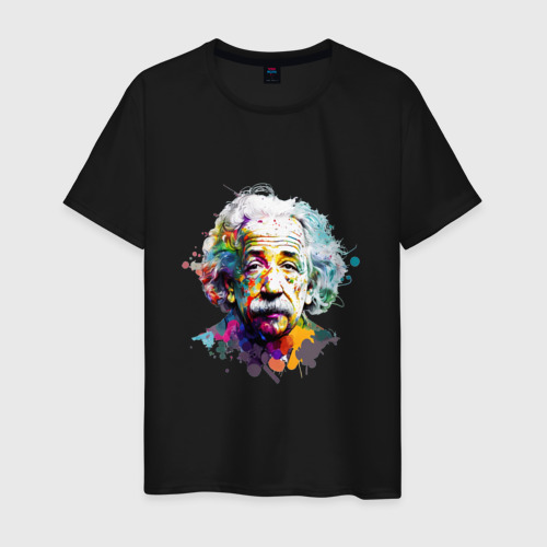 Мужская футболка хлопок с принтом Альберт Эйнштейн в ярких цветах, вид спереди #2