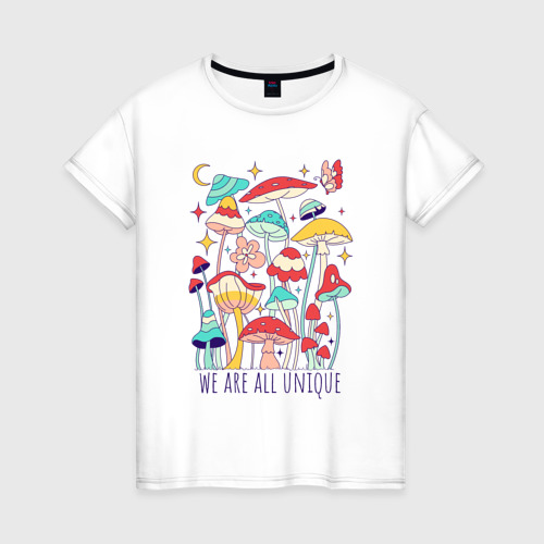 Женская футболка из хлопка с принтом Разные грибочки, вид спереди №1