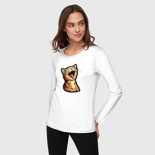 Женский лонгслив хлопок с принтом Смеющийся мультяшный кот, фото на моделе #1