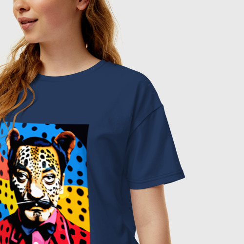Женская футболка хлопок Oversize Леопард Сальвадор Дали - нейросеть - коллаборация, цвет темно-синий - фото 3