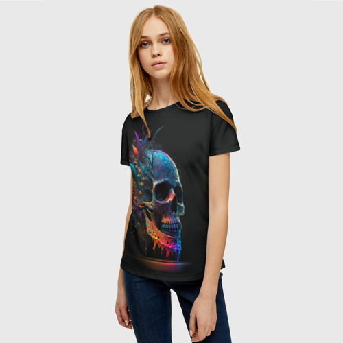 Женская футболка 3D с принтом Красочный череп с цветами, фото на моделе #1