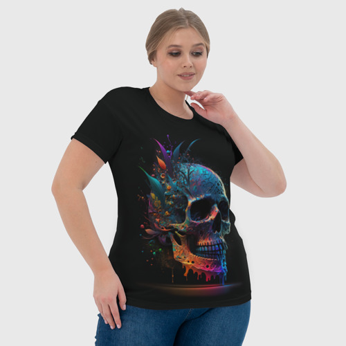 Женская футболка 3D с принтом Красочный череп с цветами, фото #4