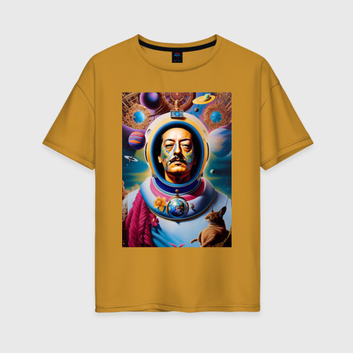Женская футболка хлопок Oversize Космонавт Сальвадор Дали - нейросеть, цвет горчичный