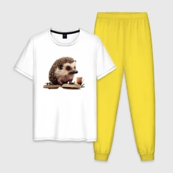 Мужская пижама с белой футболкой хлопок Ежик с книгой и чаем