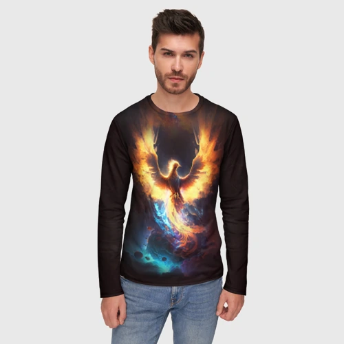 Мужской лонгслив 3D с принтом Дикий Феникс, фото на моделе #1