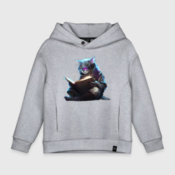 Детское худи Oversize хлопок Кот ученый с книгой, Киберпанк