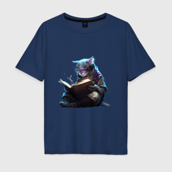 Мужская футболка хлопок Oversize Кот ученый с книгой, Киберпанк